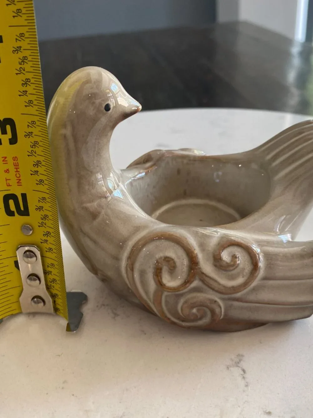 Vintage Ceramic Dove Bird Trinket Dish Candle Holder Drip Glaze Scroll Design